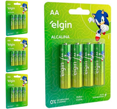 16 Pilhas Alcalinas Aa 2a Pequena Elgin 4 Cart