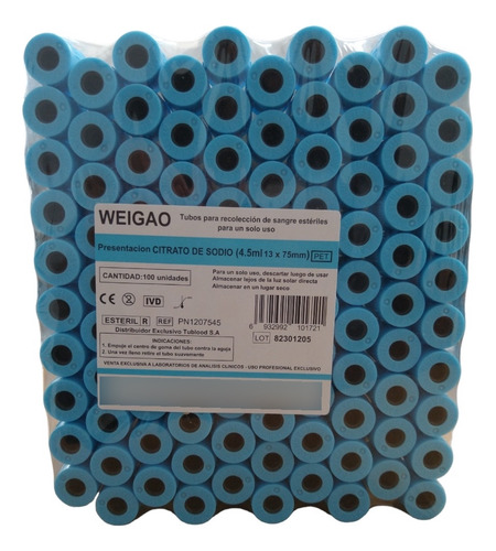 Imagen 2 de 7 de Tubos Prp Citrato De Sodio Al Vacio 3.8% 4.5ml Celeste X 100