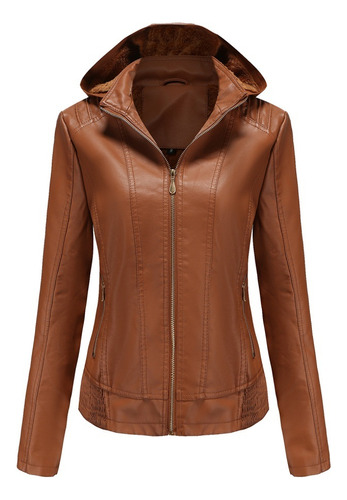 Chaqueta De Cuero Con Capucha For Mujer Talla Grande Pu Moda