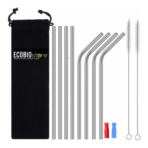 Ecobs Kit 8 Popotes Metal Inoxidable Portátil Ecológico 20oz