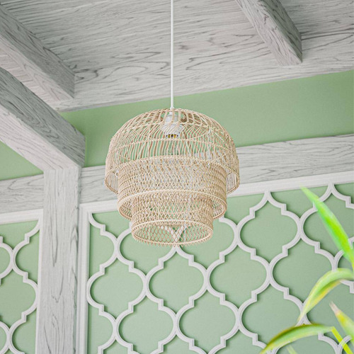 Lampara De Techo Colgante De Ratan 1 Luz Negro Mate Estructura Beige