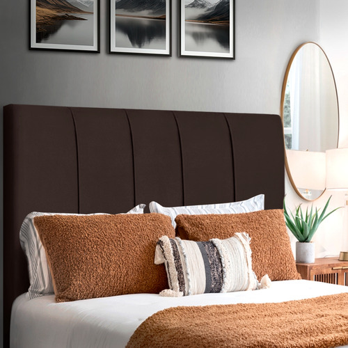 Cabeceira Casal Estofada Slim 140cm Veludo Com Frames Cinza Cor Marrom