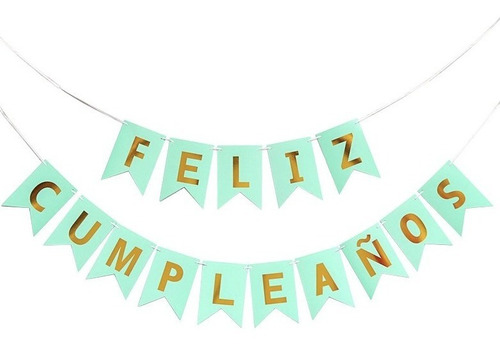 Banderin Verde Aqua Pastel Letras Doradas Feliz Cumpleaños 