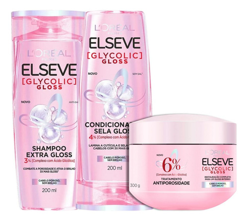 Shampoo Condicionador 200ml + Mascara Glycolic Gloss Elseve