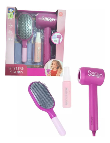 Set Peluqueria Infantil Secador Con Viento Spray Rulos/liso Con Cepillo