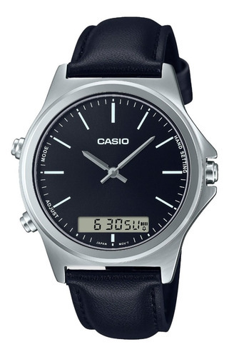 Reloj Casio Piel Negro Hora Doble Cronometro Mod Mtp-vc01l-1 Color del bisel Plateado