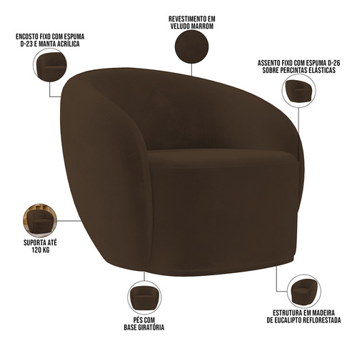 Poltrona Decorativa Para Sala Estar Gliese Veludo Marrom