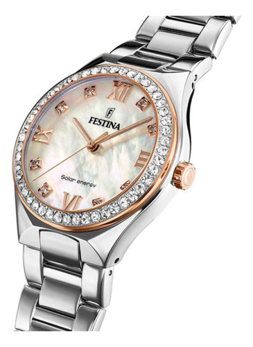 Imagen 2 de 2 de Reloj Festina F20658 Dama Acero Solar Energy Color Del Fondo 1 Color De La Malla Plateado Color Del Bisel Dorado