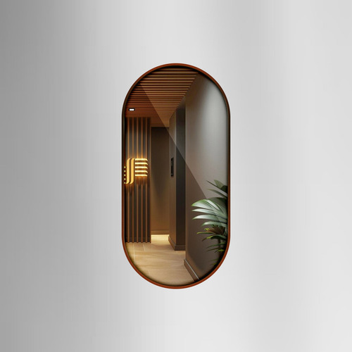 Espelho Oval Com Moldura Em Couro 50x80 Preto E Caramelo