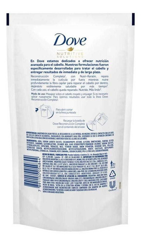 Shampoo Dove Repuesto Reconstruccion Completa X 180 Ml