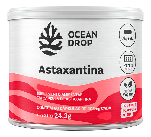 Astaxantina 100% vegetal, 60 cápsulas, Ocean Drop, sabor antioxidante sin sabor