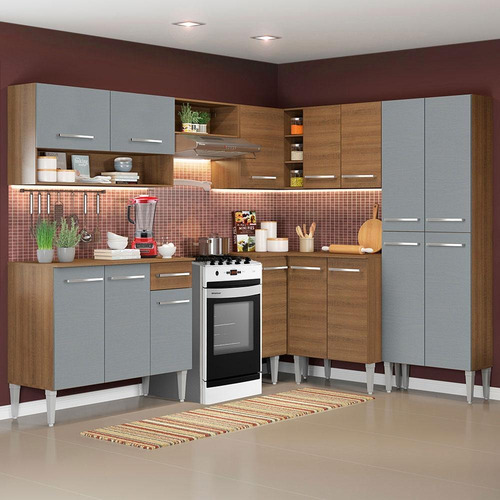 Armário Cozinha Completa De Canto 417cm Rc Emilly Ice Madesa Cor Rustic/Cinza