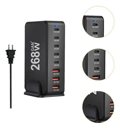 Estación De Carga Multifuncional Del Cargador Usb C Negro