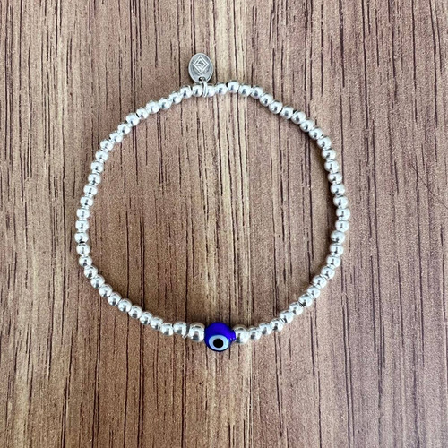 Pulsera Bolitas De Plata 925 Y Ojo Turco Amuleto Agálea Color Azul Diámetro 5 cm Largo 17 cm