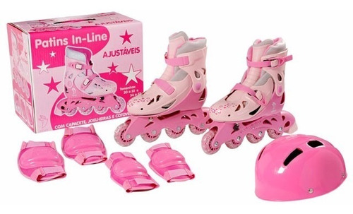 Patins In-line Rosa Ajustável 34 Ao 37 Kit Proteção