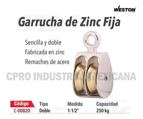 Garrucha Fija Doble Zinc 1-1/2