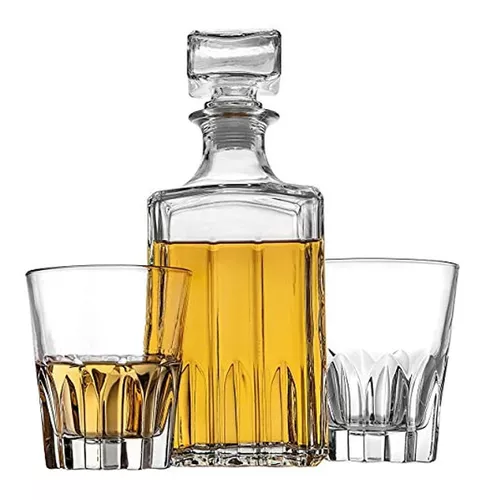 Elegante Decantador Italiano De Whisky Con Juego De 2 Vasos De Cristal (  NUEVO )