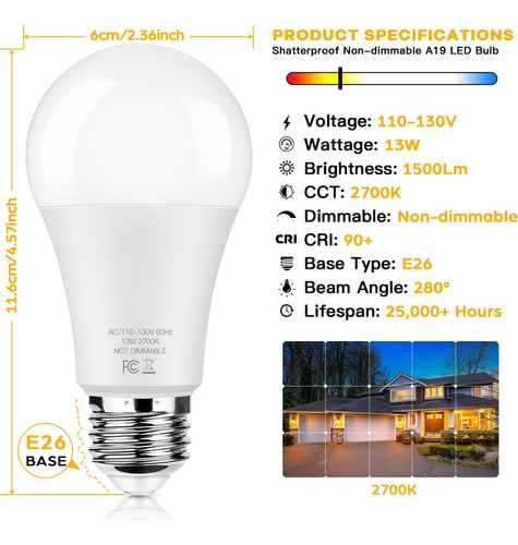 Bombillas Led Equivalentes A 100 W, 1500 Lúmenes, A19 13 W 2