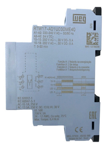 Rele Temporizador De Retardo Weg De 3-30min 220v 24a Rtw17-a