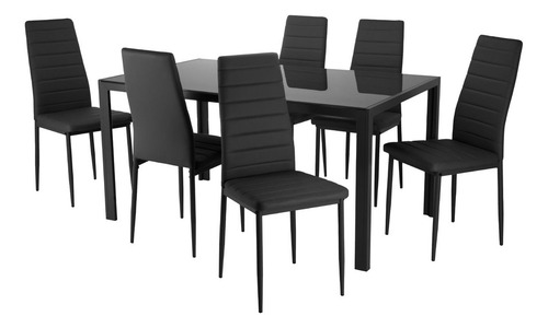 Juego Comedor 6 Sillas Con Mesa De Vidrio Templado Rectangular Estructura Metálica Para 6 Personas Moderno Color Negro Kingshouse
