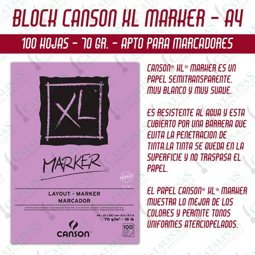 Block Canson Marker Xl 70gs Tamaño A4 100 Hojas Microcentro