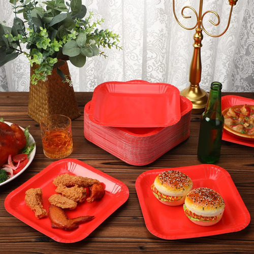 100 Platos Cuadrados 9 Desechables Rojos - Platos De Aperit