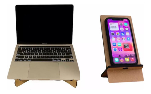 Kit Soporte Notebook + Apoya Celular Madera Laptop Portatil