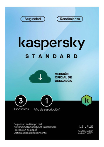 Antivirus Kaspersky Standard Para 3 Dispositivos Vig 1 Año