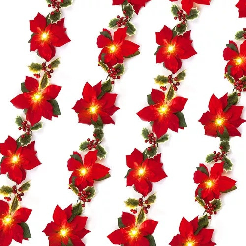 Guirnalda De Luces De Nochebuena Con Flores Navideñas