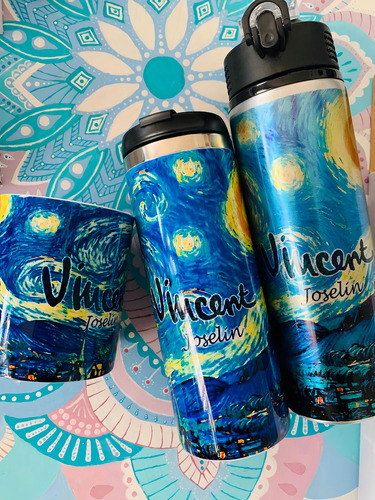 Termo Con Taza De La Noche Estrellada, Van Gogh Color Verde Oscuro