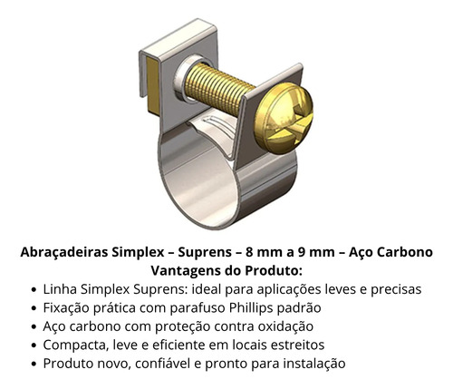 Kit 10 Abraçadeiras Simplex Suprens 8mm A 9mm Aço Carbono Cinza