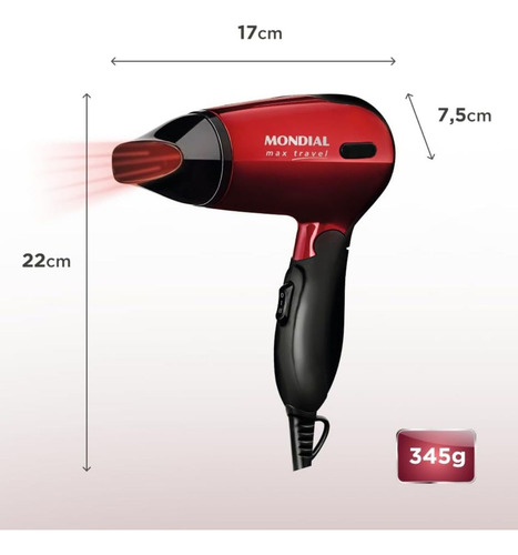 Secador De Cabelo Mondial Max Travel 1200w Sc10 Bivolt Cor Vermelho/Preto 110V/220V