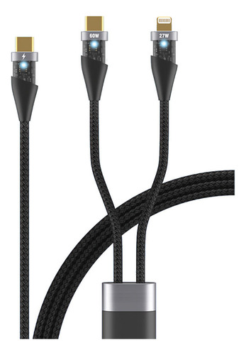 Cable Usb C Doble Tipo C Y Lightning Compatible Para iPhone Color Negro