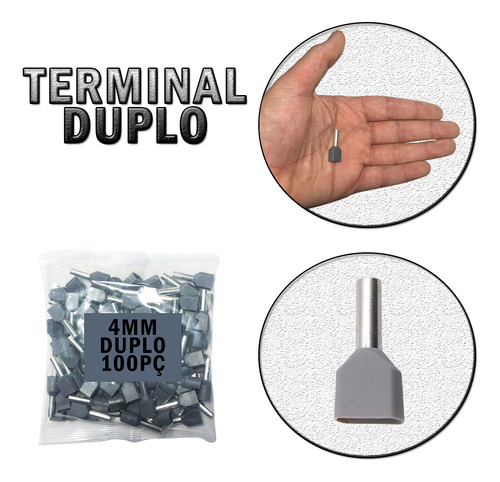 Terminal Pre Isolado Duplo Cinza P/ Cabo 4mm2 - 100 Peças Cinza