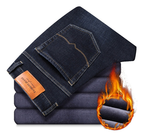 Invierno Hombre Fleece Negro Azul Jeans Negocios Casual Cáli