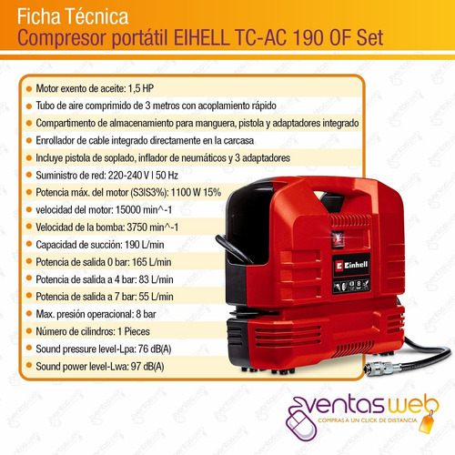 Imagen 7 de 8 de Compresor Portátil Einhell Electrico 1100w Set De Inflado