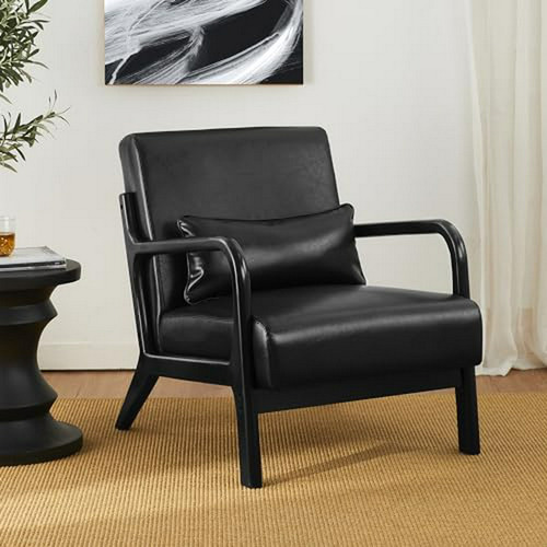 Sillón De Cuero Negro Con Marco De Nogal, Compatible Con Sal