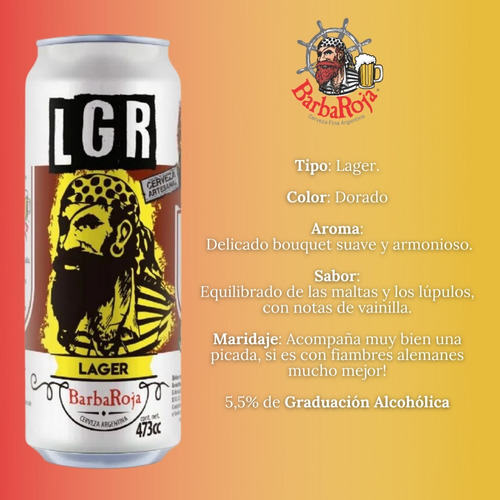Imagen 2 de 10 de Cerveza Barba Roja Lager Pack X 12 Latas 473ml.