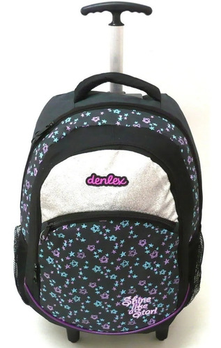 Imagem 2 de 6 de Mochila Rodinhas G Meninas Puxador Alumínio Estrelas Denlex