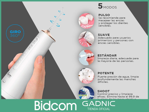 Imagen 6 de 10 de Irrigador Bucal Gadnic Inalambrico Blanqueador 5 Modos