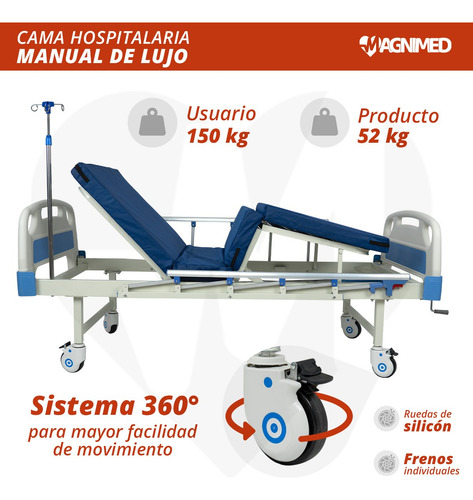 Cama Hospitalaria Manual C/ Porta Suero, Colchón Y Mesa