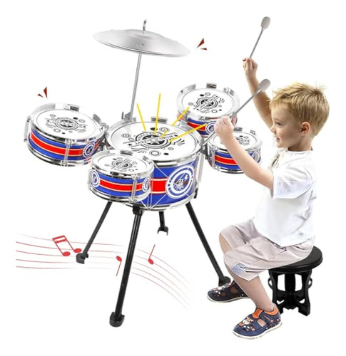 Bateria Para Niños Con 5 Tambores Taburete Y Baquetas Azul Azul
