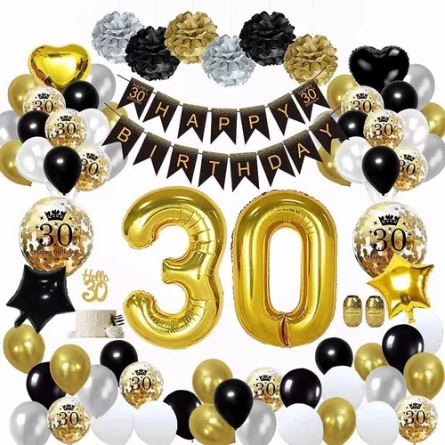 Globo de decoración de cumpleaños número 30 en negro y dorado, globo de  papel de aluminio del número 30, suministros de decoración de cumpleaños de  30