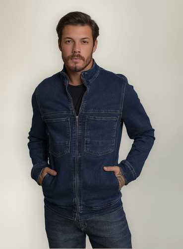 Jaqueta Jeans Biker Masculina Gola Alta Com Bolsos E Ziper