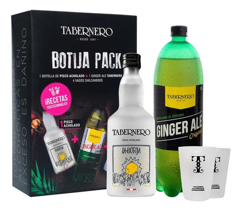 Pisco Tabernero + Ginger Ale + 2 Vasos (pack X 2 Cajas)