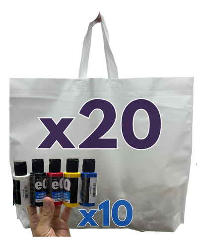 Kit 20 Tote Bags Friselina Ecológica + 10 Pinturas Acrílicas Blanco