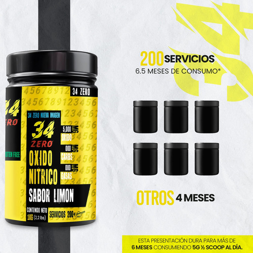 34 Zero Óxido Nítrico Pre Entreno 1kg 200 Servicios Limón
