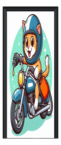 Vinilo Para Puerta Gato En Moto Emoji Meme Dibujo Cat M3