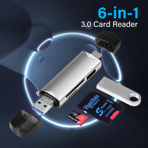 Leitor De Cartão 6 Em 1 Usb Sd Tf Micro Sdhc Mmc Ms Rápido Preto