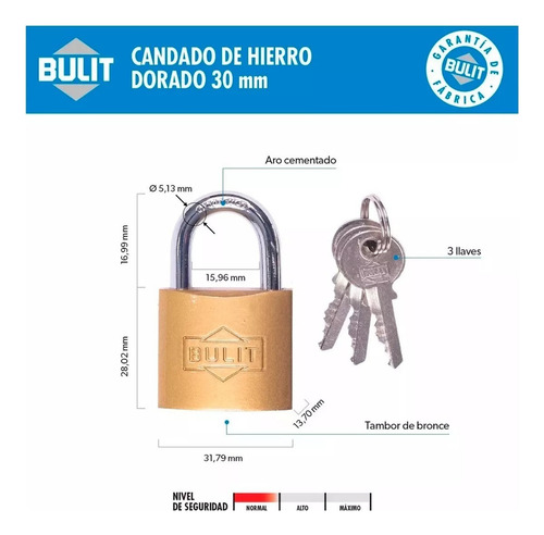 Candado Hierro Dorado Nro 30 C/ 3 Llaves Bulit Reforzado